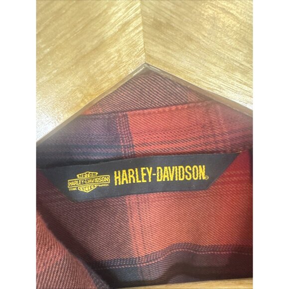 Harley-Davidson Plaid Flannel Shirt Men Large Orange Black Patch Spell Out - Picture 4 of 7